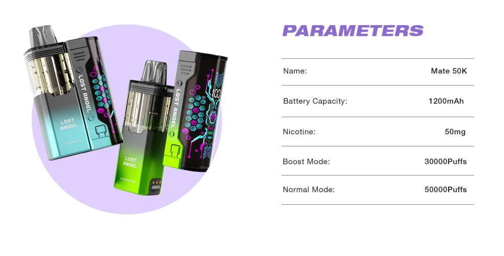 Lost Angel LED Display Screen Nicotine Vaporizer Mate 50k Puffs Electric Cigarette Disposable Vape Pen Pod Device